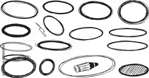 A collection of black hand-drawn oval frames, circular scribbles, and sketchy borders isolated on a white background, featuring a pencil illustration.
