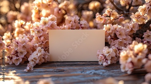 Peach blossoms surround a blank card on wood surface in warm light. Ideal to convey spring feelings, love notes, or invitations, and branding.