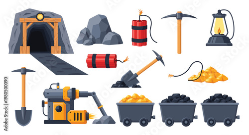 Detailed set of mining icons features a mine entrance, pickaxes, shovels, dynamite, lanterns, and carts filled with coal and gold ore.