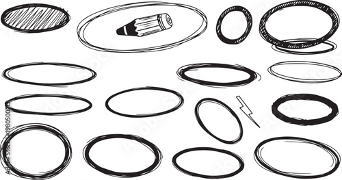 A collection of black hand-drawn oval frames, circular scribbles, and sketchy borders isolated on a white background, featuring a pencil illustration.