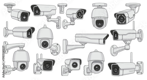 Comprehensive set of security camera designs features various models like bullet, dome, and wireless surveillance equipment for home or business.
