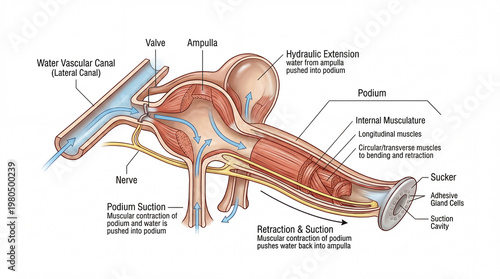 Anatomic cross-section of starfish tube foot and ampulla showing hydraulic movement on white