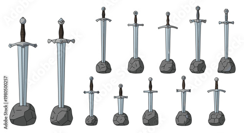 Fantasy sword collection features various designs of blades stuck firmly into rocks, inspired by the legendary tale of Excalibur.