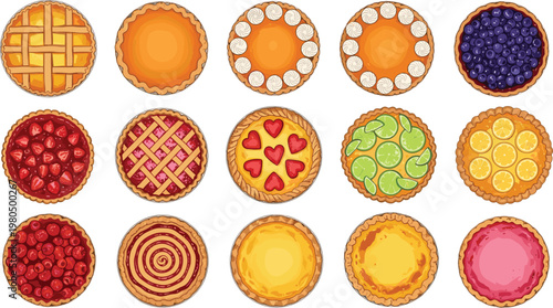 Large collection of delicious fruit pie and tart vector illustrations featuring apple blueberry strawberry lemon and pumpkin flavors isolated on white background for bakery menu