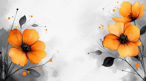 Three orange flowers with black details on light grey watercolor background. Use this artistic floral border for stationery or creative graphic design.