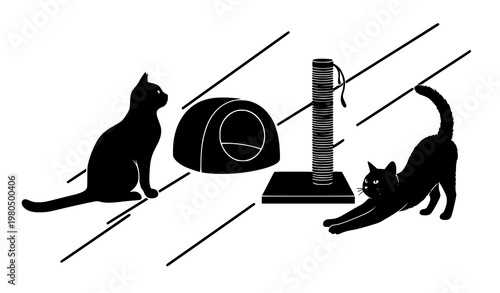Cat silhouette icon set bed scratching post sitting and stretching feline vector collection