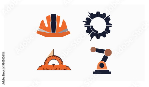 Geometric engineering icons hard hat gear cog protractor robotic arm modern vector collection