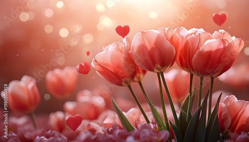 Beautiful tulips with hearts float on a soft bokeh light background. Use for romantic greetings, Valentine's Day promotions, or loving messages.