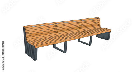 Modern long park bench features a natural wooden slatted seat and backrest supported by sturdy black metal frames on a clean white background.