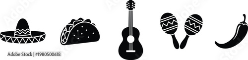 Mexican culture icon set with sombrero hat taco acoustic guitar maracas and chili pepper silhouettes for Cinco de Mayo celebration,