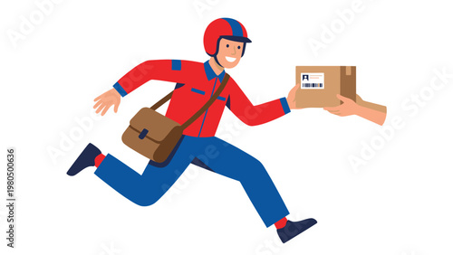 Running Delivery Person Handing Package. Express Shipping & Logistics. Fast Courier Service Illustration.