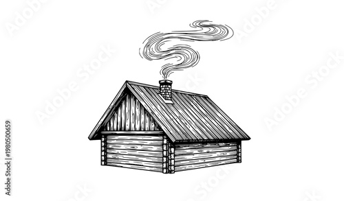 Vintage hand drawn cabin house with chimney smoke vector illustration countryside home sketch isolated
