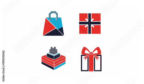 Geometric gift icons shopping bag present box stacked gifts modern vector set isolated on white