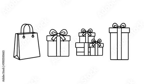 Minimal gift icons set shopping bag present box stacked gifts flat vector collection isolated on white