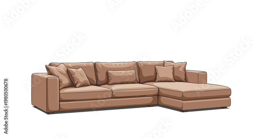 Stylish brown L-shaped sectional sofa with soft plush cushions and decorative pillows isolated on a white background.