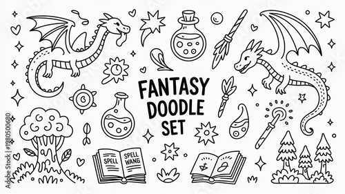 Fantasy doodle set with dragons magic potions and spellbooks hand-drawn illustration for game design and creative projects