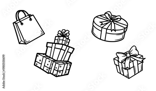 Hand drawn gift icons set shopping bag present box stacked gifts doodle vector illustration isolated