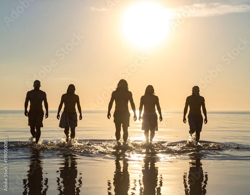 Five silhouetted figures wade into calm water towards the bright sun. Warm light reflects on the surface