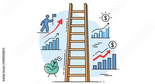 Career development infographic showing a person climbing a mountain towards financial success next to a symbolic ladder.