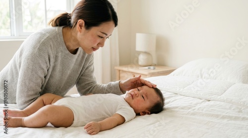 A mother gently touches her baby's forehead while the baby lies on a bed in a bright room