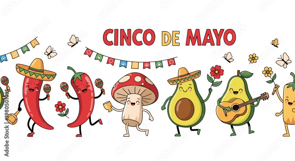 Fototapeta premium Vibrant Cinco de Mayo celebration illustration with dancing chili peppers, avocados, and festive Mexican decorations.