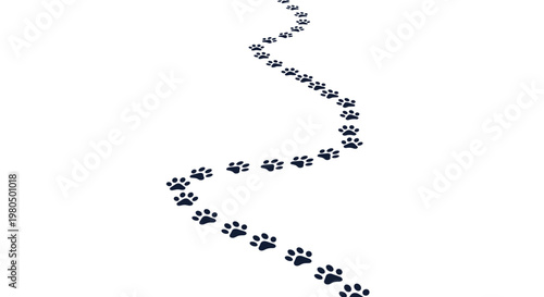 Long winding trail of dark animal paw prints crossing a white space and disappearing into the distant horizon.