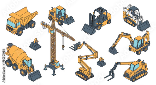 Detailed isometric set of yellow construction machinery including a tower crane, excavators, and dump trucks.