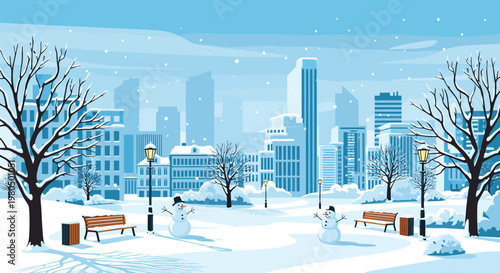 Tranquil winter scene in a snow covered city park featuring snowmen, empty benches, and bare trees under a clear sky.
