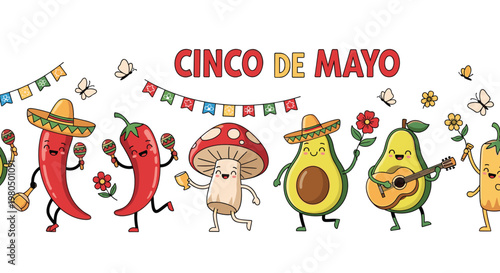 Vibrant Cinco de Mayo celebration illustration with dancing chili peppers, avocados, and festive Mexican decorations.