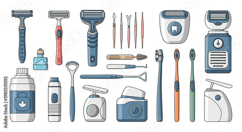 Large assortment of bathroom and grooming essentials including razors, toothbrushes, and various dental care tools.