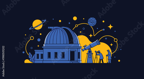 Night time view of an astronomical observatory building with people using telescopes to observe distant planets and stars.