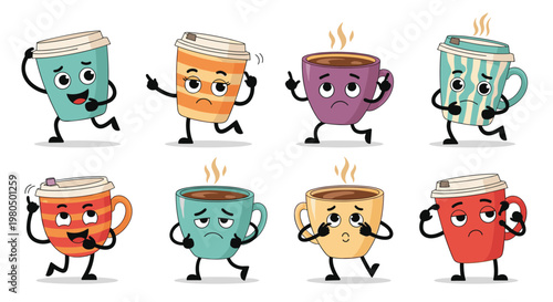 Large variety of cute coffee and tea cup characters with different emotions, expressions, and poses for design projects.