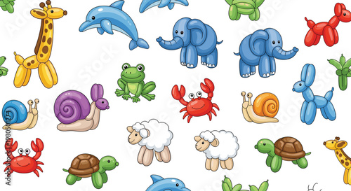 Playful seamless pattern of colorful balloon animals like giraffes, elephants, and crabs for children's designs.