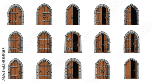 Diverse set of medieval style wooden doors with stone arches in various open and closed states for design use.