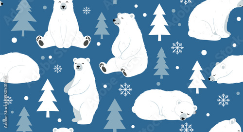 Adorable seamless pattern of white polar bears in various poses surrounded by pine trees and snowflakes on a dark blue background.