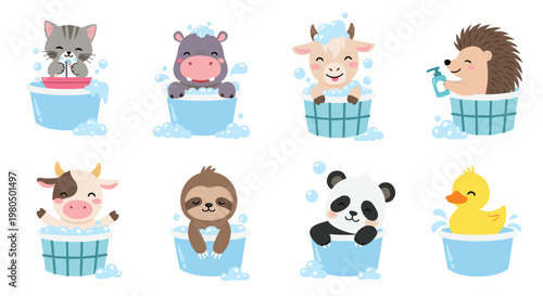Collection of cute baby animals like a kitten, hippo, and panda taking a relaxing bubble bath in small blue tubs with soap.