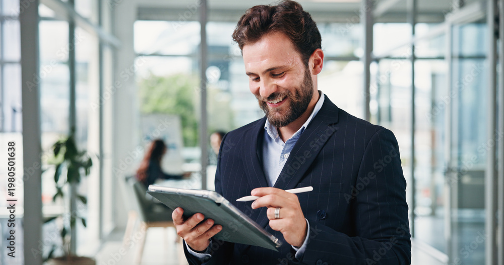 Fototapeta premium Happy, investor or man in office, tablet for investment deal and signature for online contract. Person, website info or financial advisor in workplace, stylus or tech for trading portfolio or smile