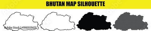 Bhutan map silhouette vector collection including clean outline solid black icon and decorative halftone pattern.