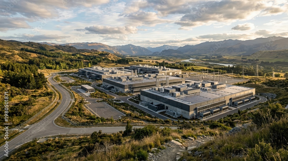 Naklejka premium Aerial view of modern industrial data center campus in rural mountain valley at sunset