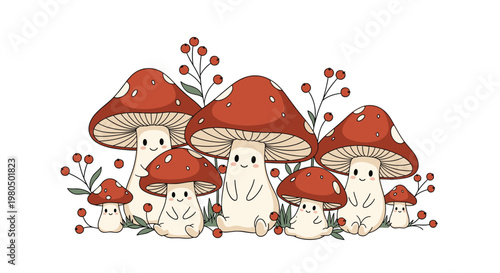 Adorable group of anthropomorphic mushroom characters sitting together among forest plants and red berries on a white background.