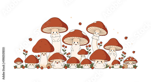 Long lineup of cute cartoon mushroom characters of different shapes and heights standing together with smiling happy faces.