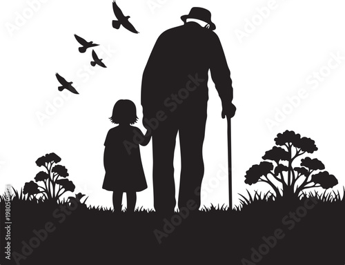 Black silhouette, old man and child, walking together, vector illustration