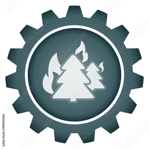 Forest Fire Awareness and Wildfire Prevention Concept Vector PNG with Burning Trees Gear Icon for Environmental Protection and Safety
