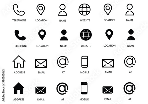 Business card and contact information icon set graphic elements. Flat filled and thin line editable stroke icons for phone, email, address, location, website, fax, and personal data symbols.