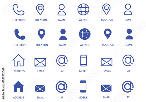 Business card and contact information icon set graphic elements. Flat filled and thin line editable stroke icons for phone, email, address, location, website, fax, and personal data symbols.