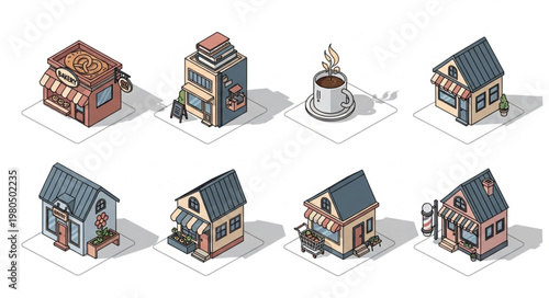 Collection of Isometric Pixel Art Buildings and Shops.