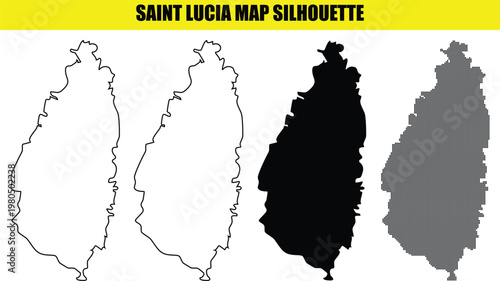 Saint Lucia map silhouette set: outline, solid black, and dotted versions, perfect for educational materials, graphic design.