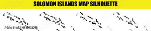 Solomon islands map silhouette set: outline, solid black, and dotted versions, ideal for educational content, design projects.