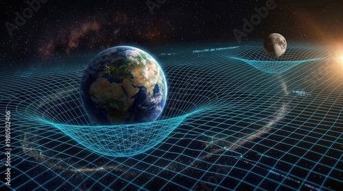 Earth, moon, and distant star demonstrate gravitational spacetime curvature, depicting cosmic mass distorting universal fabric, influencing celestial body movement.