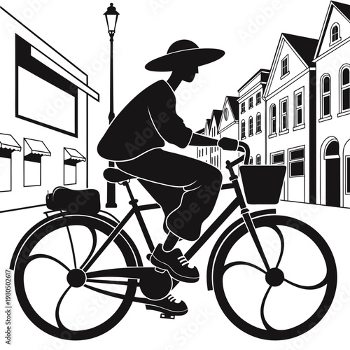 Black and white, vintage bicycle rider, city street, monochrome illustration, urban cyclist